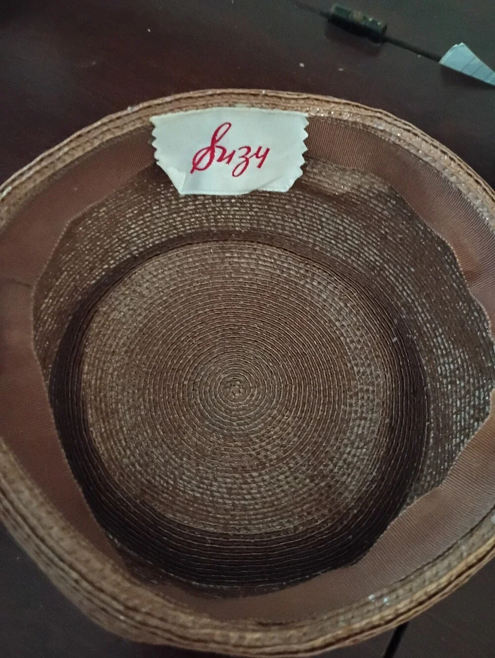 Vintage Suzy Woven Straw Pillbox Hat W Pearls W Combs- Brown